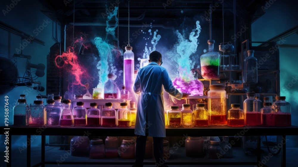 Poster a chemical engineer conducting an experiment in a laboratory, surrounded by bubbling flasks and colo