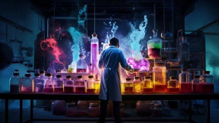 a chemical engineer conducting an experiment in a laboratory, surrounded by bubbling flasks and colorful chemicals.