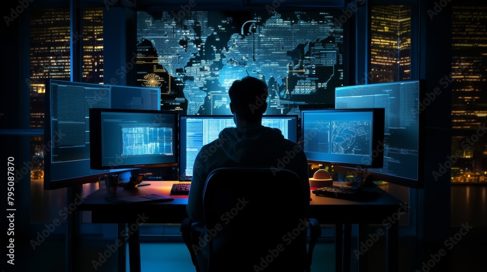 Poster A silhouette of a software engineer typing code on a computer screen in a dark office.