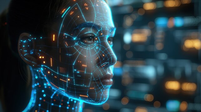woman face is scanned with face muscle lie detection, high technology concept, Generative Ai