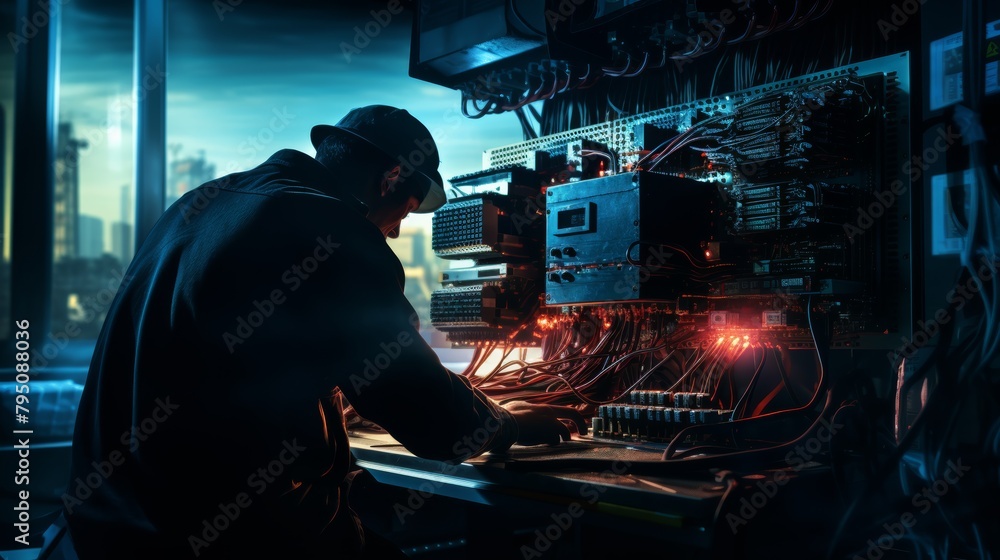 Poster a silhouette of an electrical engineer fixing a circuit board in a power plant.