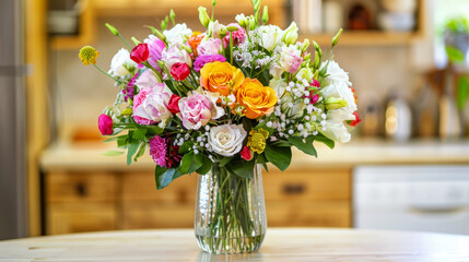 Bouquet of vibrant, fresh flowers in a vase on a kitchen table, bringing life and color to the space