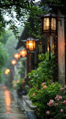 Chinese style street, hanging lanterns on both sides of the road with flowers and green plants in front of them, a Chinese style building behind it, rainy day. - 795088058