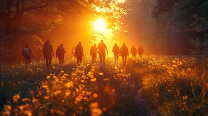 Group of Hikers Trekking Through Misty Forest at Sunrise