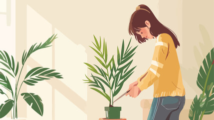 Young girl cuts off potted green plant. Concept 