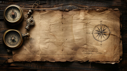 A compass and a pocket watch are on a piece of paper. The paper is old and has a vintage look