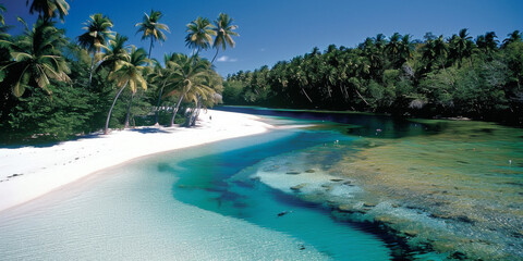 A beautiful beach with a blue river running through it. The water is clear and calm, and the palm trees in the background add to the tropical atmosphere
