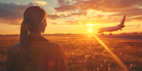 A woman stands in a field looking at an airplane in the distance. The sky is orange and the sun is setting