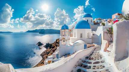Santorini island Greece. Beautiful sea view at sunny day - obrazy, fototapety, plakaty