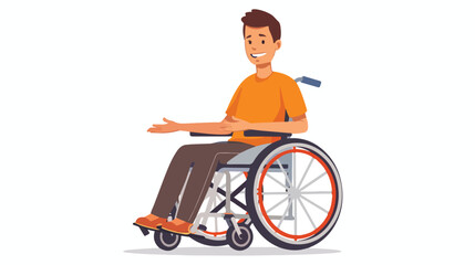 Young happy person sits in a wheelchair on a white background