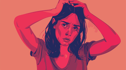 Worried young woman on color background Vector illustration