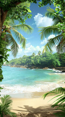 A tropical beach with palm trees and a blue ocean. Scene is calm and relaxing