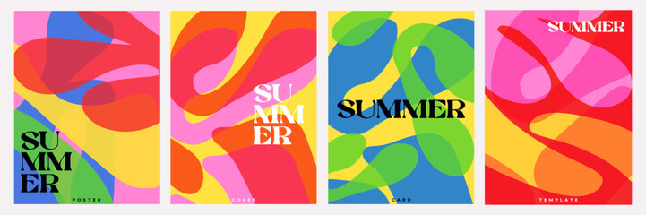 Creative concept of summer bright and juicy cards set. Modern abstract art design with liquid shapes with overlay effect. Templates for celebration, ads, branding, banner, cover, label, poster, sales