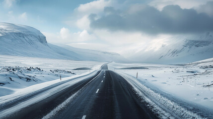 road in the middle of snowy mountain - Powered by Adobe