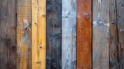 An intriguing picture displaying uniformly positioned weathered pine boards exhibiting a variety of wood tones affected by natural elements like rain sunlight and wind