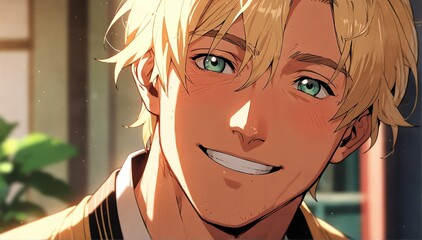 handsome anime blonde mature guy smiling close-up portrait from Generative AI