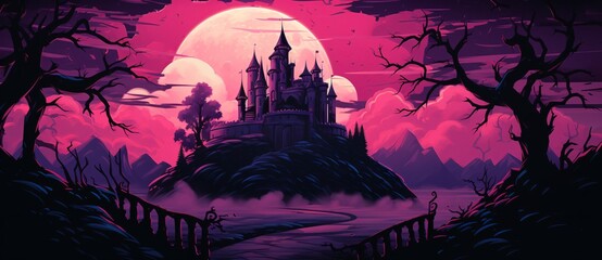 a castle on a hill with a pink moon