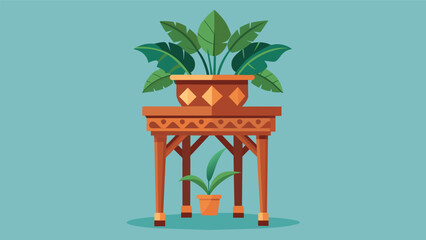 An artisanal handcarved wooden plant stand adorned with intricate designs perfect for displaying a collection of exotic plants..
