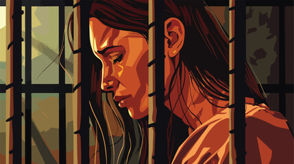 Young sad woman locked in a cage. Concepts of restric