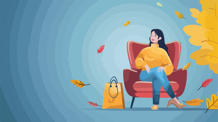 Young Asian woman in armchair with shopping bags and