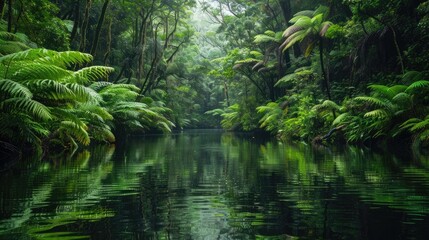 A tranquil river winding its way through a dense forest, the still waters reflecting the verdant foliage that lines its banks.
