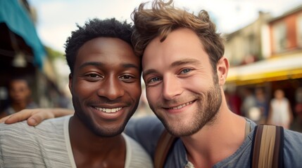 Fototapeta premium Close-up photo of two best friends, one with his arm around the other's shoulder, both smiling widely at the camera,