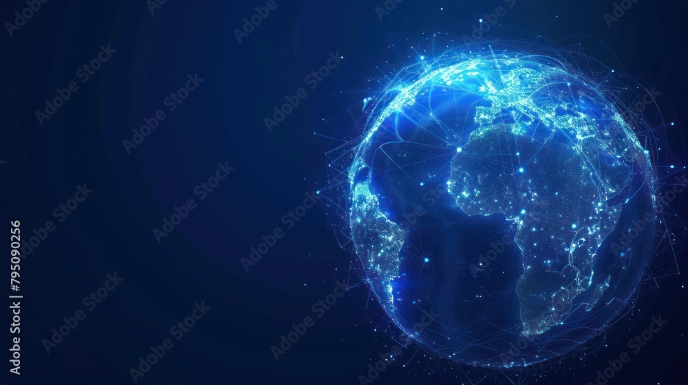 Poster futuristic globe with abstract connected lines and blue neon color isolated on dark background
