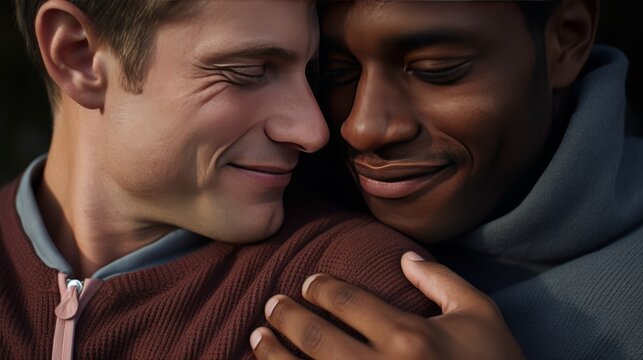 Close-up photo of two male friends embracing, their bond evident in their affectionate gesture,