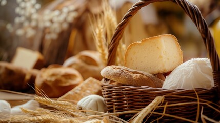 farm products in a basket. cheese, cereal products in baskets. Farm products, seasonal vegetables.
