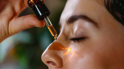 A woman is applying a drop of oil to her nose