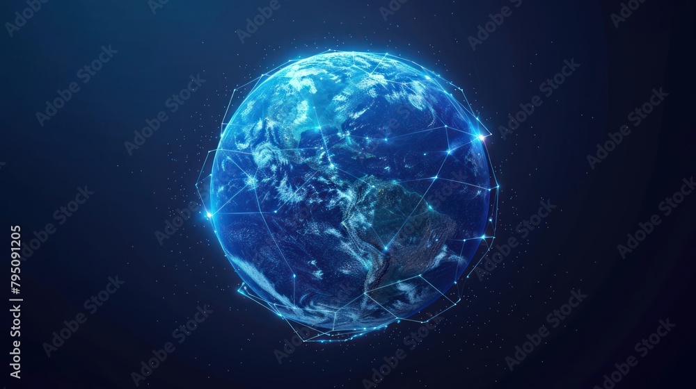 Poster futuristic globe with abstract connected lines and blue neon color isolated on dark background