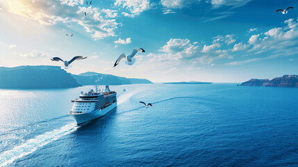 Santorini island Greece. Cruise ship ne the coast. background - obrazy, fototapety, plakaty