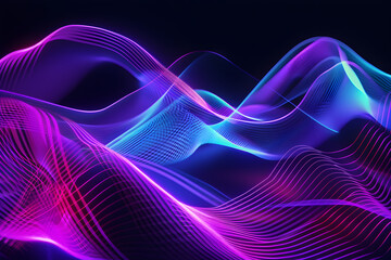 Futuristic neon waves pulsating in shades of blue and purple. Abstract art on black background.