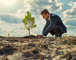 Fototapeta premium Dedicated business leader planting tree to restore environment and combat deforestation