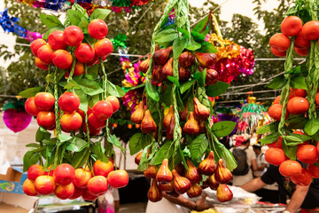 Colorful, plastic fruit sold for decorating the sukkah, a temporary booth or shelter used in the celebration of the Jewish holiday of Sukkot.