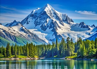Iconic Snow-Capped Mountain Above Evergreen Trees, Glacier Bay National Park, Alaska
