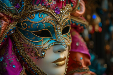 Fototapeta premium A carnival mask adorned with elaborate gemstones and glittering embellishments, captured in soft, diffused lighting to accentuate its luxurious textures and vibrant hues.