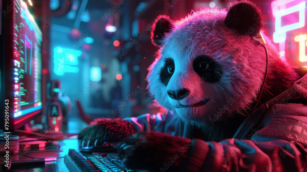 Poster futuristic cyberpunk panda using computer in neon-lit room, symbolizing unique digital art.