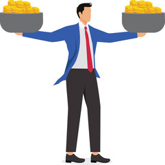 Businessman lifting up gold coins inside scales, business concept illustration