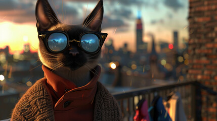 An artistic depiction of a sophisticated cat wearing glasses and a scarf with a blurred city skyline at sunset.