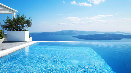 Santorini island Greece. Luxury swimming pool with sea - obrazy, fototapety, plakaty