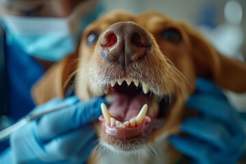 A veterinarian attentively examines the teeth of a dog under bright clinic lights, indicating careful pet healthcare