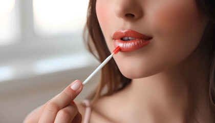 Young woman applying lipgloss on light background, closeup