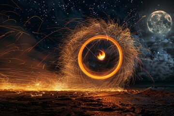 A steel wool fire spinner creating mesmerizing sparks against a moonlit night sky, showcasing the dynamic and captivating display of light and movement.