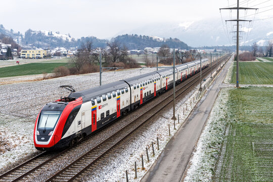 Bombardier Twindexx passenger train of SBB Schweizerische Bundesbahnen in Wartau, Switzerland