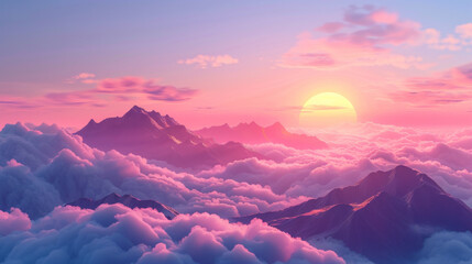 A dreamlike landscape with pink clouds enveloping sharp mountain peaks during a surreal sunset.