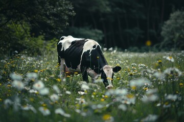 A charming black and white cow peacefully grazing in a lush green field with wildflowers blooming around.