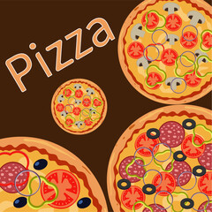 Pizza on a dark brown background with the inscription