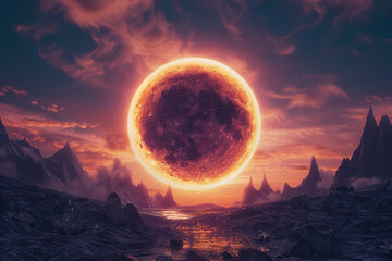 glowing full moondark solar eclipse merging in a twilight sky surrealist art 3D animation Unique - obrazy, fototapety, plakaty
