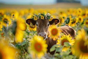 A cow wearing a floral wreath, standing amidst vibrant yellow sunflowers, portraying the joy of dairy farming.